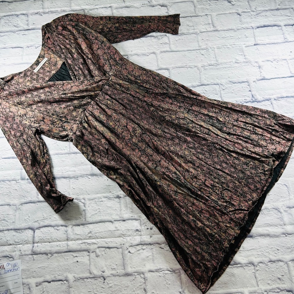 Peruvian Connection Pink Purple Geometric Print Empire Waist Dress Medium